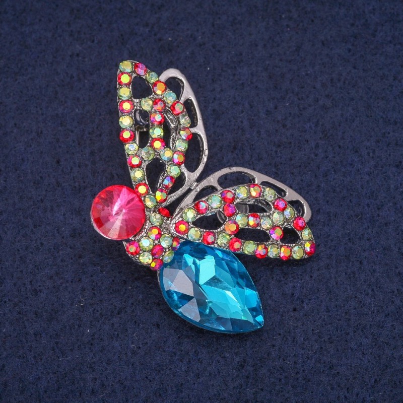 Sale! Butterfly Brooch with Crystals, Silver-Tone Metal 28x45mm