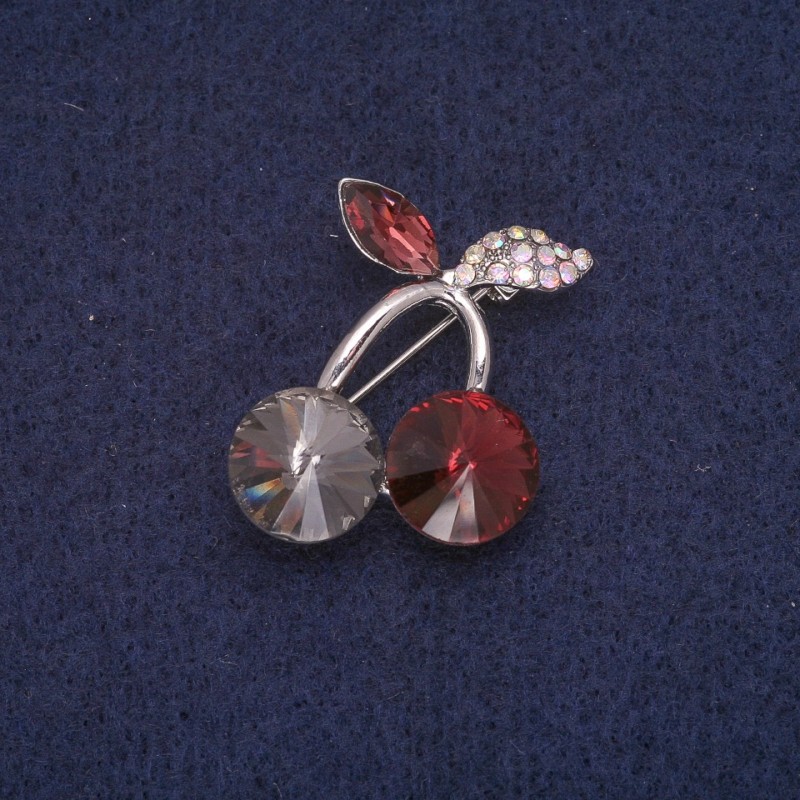 Cherries Brooch with Stones and Rhinestones, Grey-Burgundy Chameleon Colour, 24x29mm Silver-Tone Metal