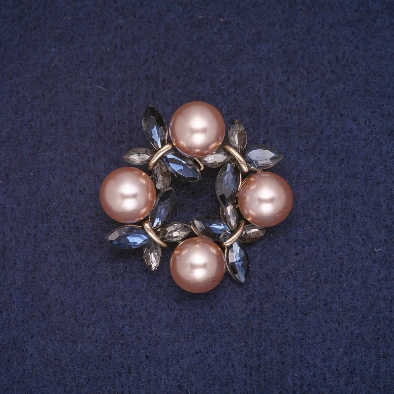Sale! Wreath Brooch with Beads, Blue and Grey Crystals, Gold-Colour Metal 34x35mm