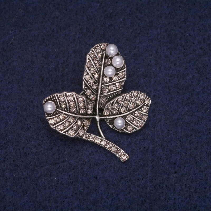 Sale! Leaves on a Branch Brooch with Beads and White Rhinestones, Grey Metal 29x32mm