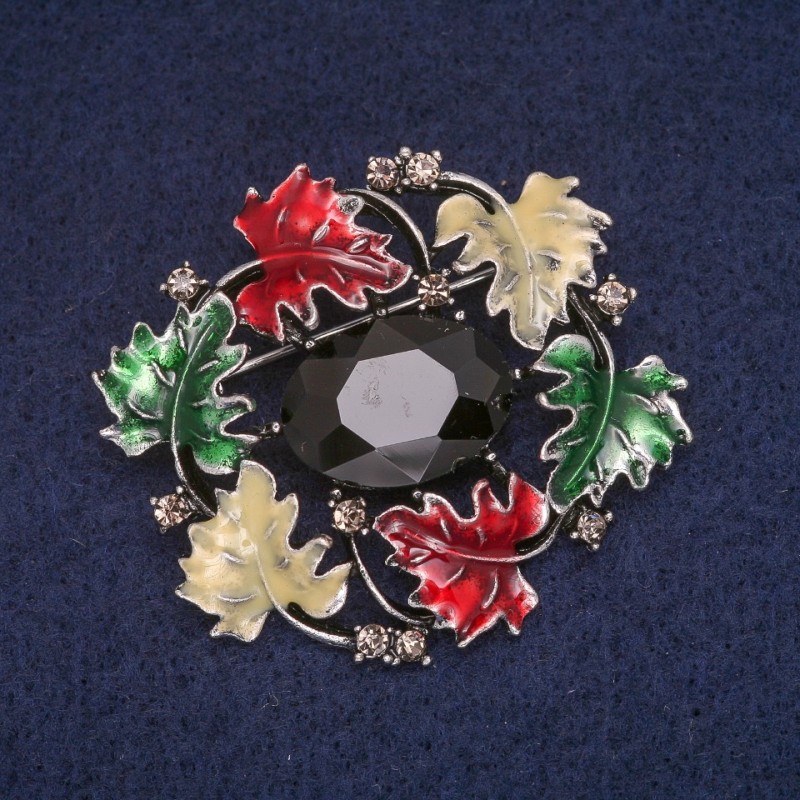 Sale! Leaves Brooch, Enamel with Crystal, Grey Metal 39x43mm