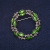 Sale! Wreath Brooch with Green Crystals and White Rhinestones, Grey Metal 36x37mm