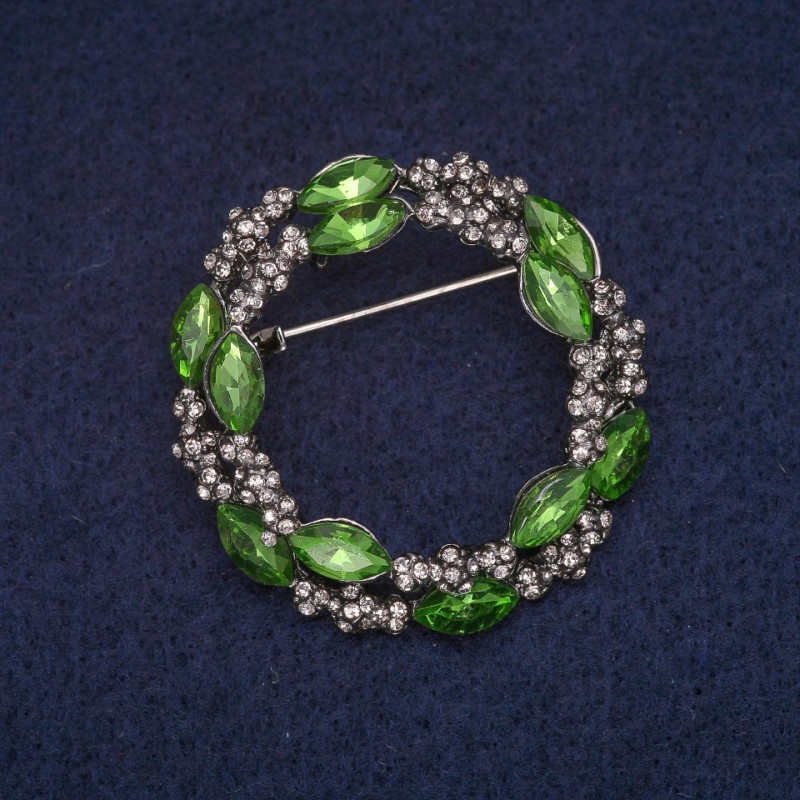 Sale! Wreath Brooch with Green Crystals and White Rhinestones, Grey Metal 36x37mm