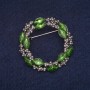 Sale! Wreath Brooch with Green Crystals and White Rhinestones, Grey Metal 36x37mm