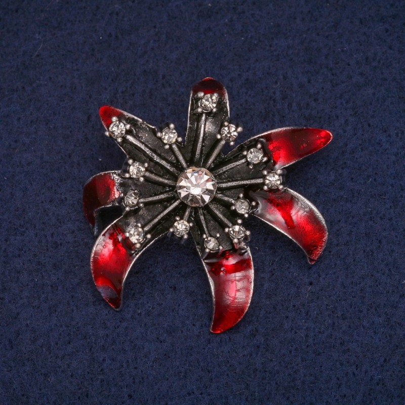 Sale! Flower Brooch with Red Enamel and Rhinestones, Grey Metal 37x41mm