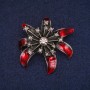 Sale! Flower Brooch with Red Enamel and Rhinestones, Grey Metal 37x41mm