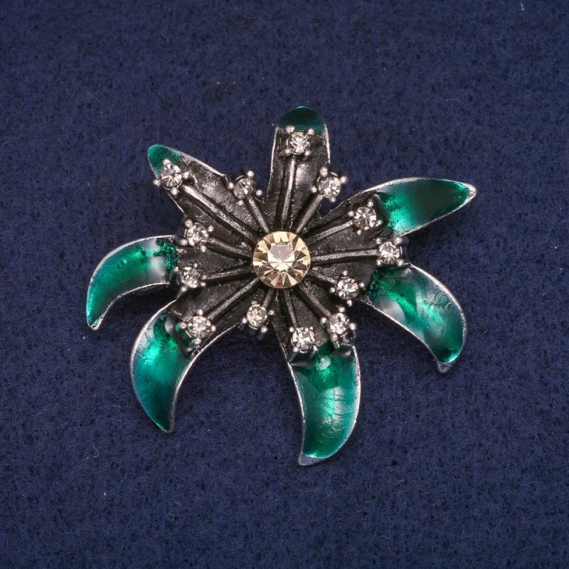 Sale! Flower Brooch with Green Enamel and Rhinestones, Grey Metal 37x41mm