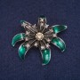 Sale! Flower Brooch with Green Enamel and Rhinestones, Grey Metal 37x41mm
