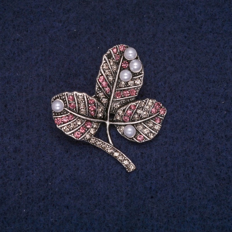 Sale! Leaves on a Branch Brooch with Beads, White and Pink Rhinestones, Grey Metal 29x32mm