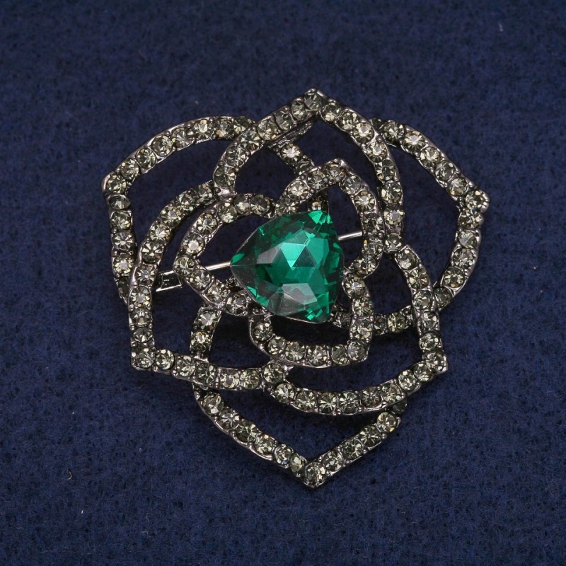 Sale! Flower Brooch with Green Crystal and Rhinestones, Grey Metal 42x43mm