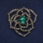 Sale! Flower Brooch with Green Crystal and Rhinestones, Grey Metal 42x43mm