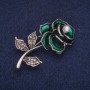 Sale! Rose Brooch with Green Enamel, Bead and Rhinestones, Silver-Tone Metal 23x48mm