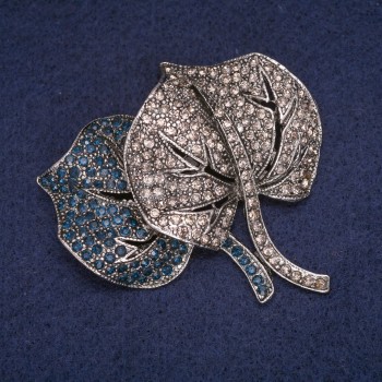 Sale! Leaf Brooch with Blue and Grey Rhinestones, Silver-Tone Metal 54x54mm