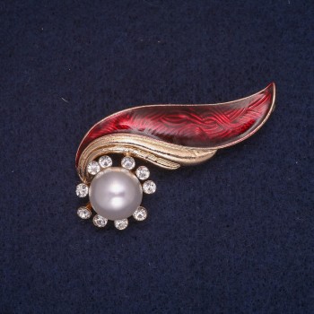 Elegy Brooch with Red Enamel, Bead and White Rhinestones, Gold-Tone Metal 25x51mm