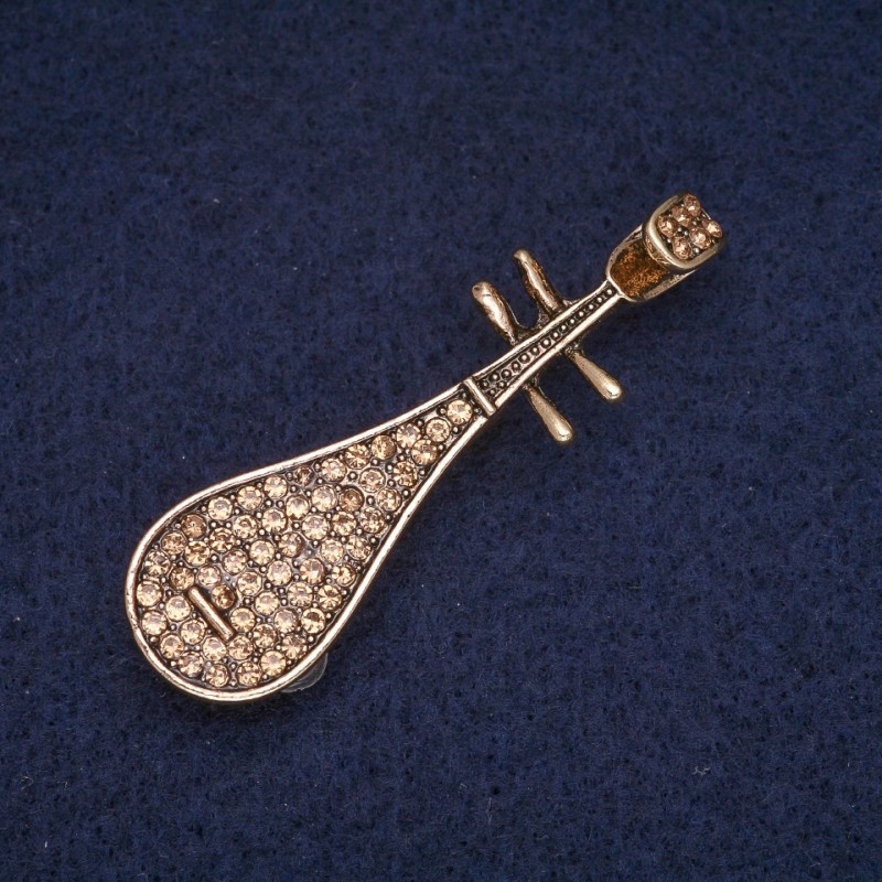 Pipa Brooch with Yellow Rhinestones, Gold-Tone Metal 15x50mm