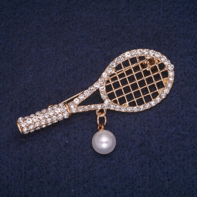 Sale! Racquet Brooch with Bead Pendant and White Rhinestones, Gold-Tone Metal 21x55mm