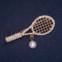 Sale! Racquet Brooch with Bead Pendant and White Rhinestones, Gold-Tone Metal 21x55mm