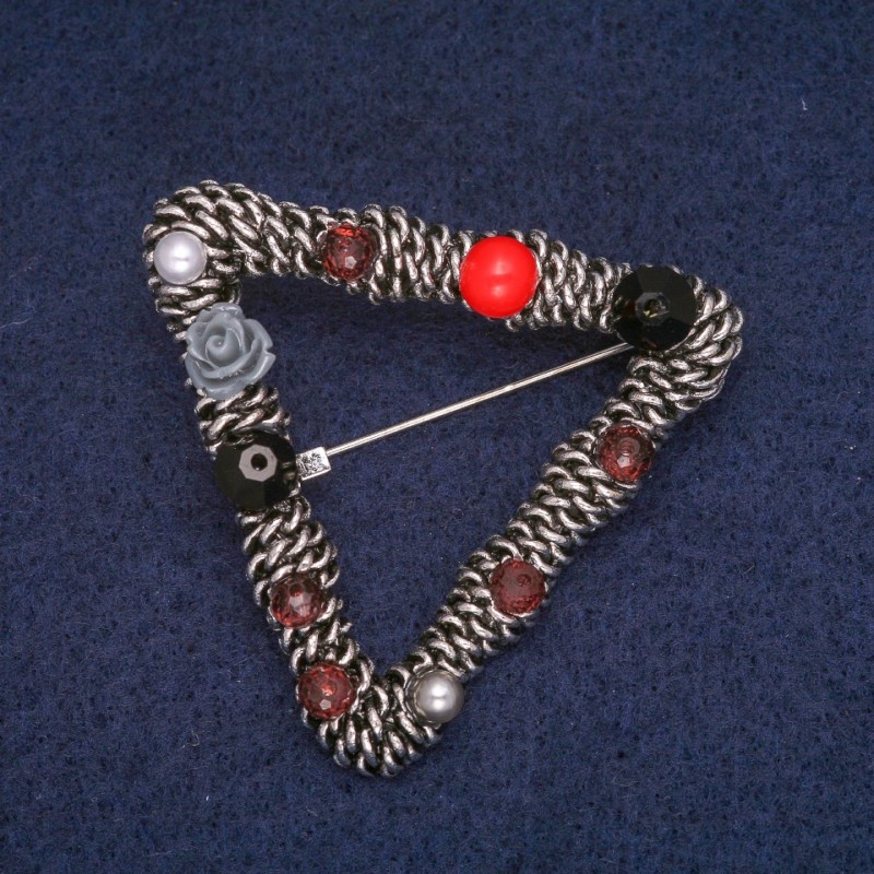 Geometric Brooch with Assorted Beads, Grey Metal 42x47mm