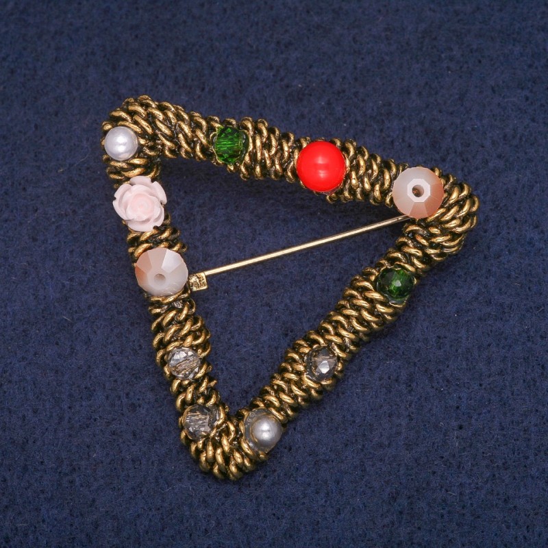 Geometric Brooch with Assorted Beads, Antique Gold-Tone Metal 42x47mm