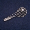 Sale! Tennis Racquet Brooch with Ball Bead, Silver-Tone Metal, White Rhinestones 22x56mm