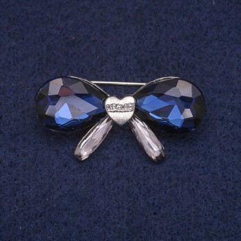 Sale! Bow Brooch with Blue Crystals, Silver-Tone Metal 20x40mm