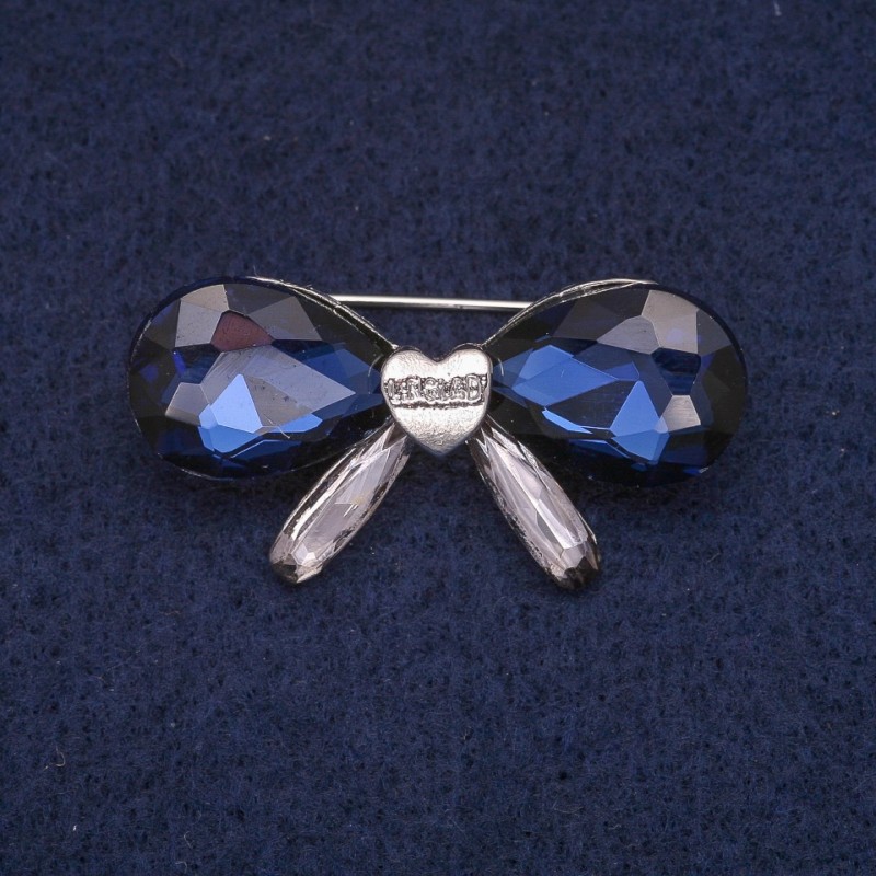 Sale! Bow Brooch with Blue Crystals, Silver-Tone Metal 20x40mm