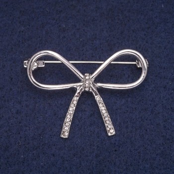 Bow Brooch with White Rhinestones, Silver-Tone Metal 30x41mm