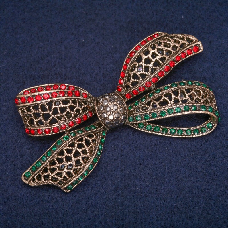 Sale! Bow Brooch with Green, Red and Grey Rhinestones, Antique Gold Metal 38x72mm