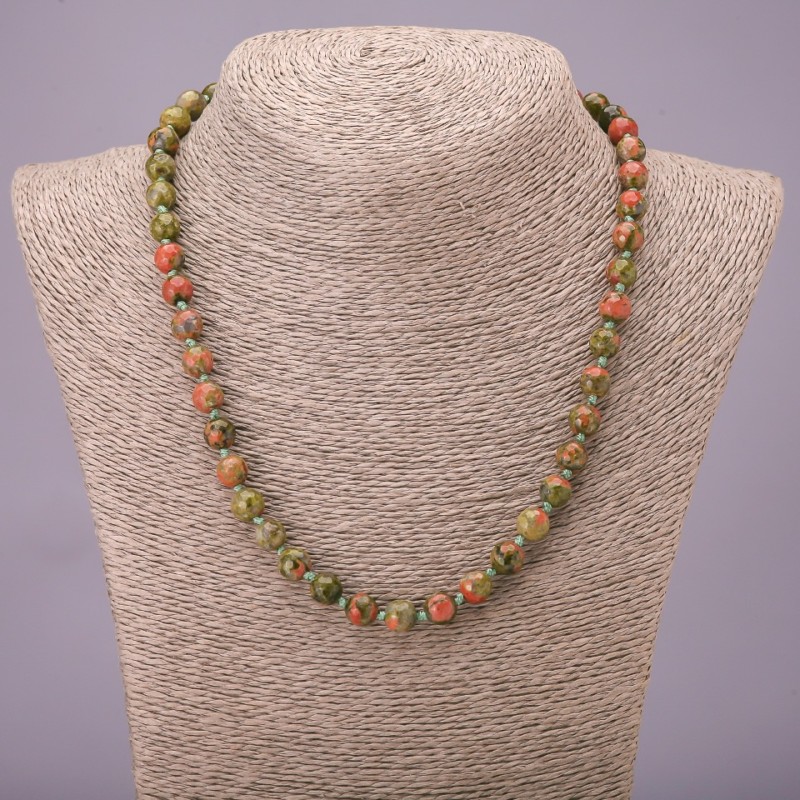 Natural Heliotrope Unakite Stone Necklace, Faceted Bead, Diameter 8mm+-, Length 45cm+