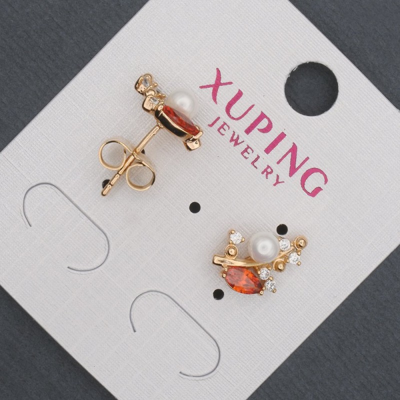 Xuping stud earrings with red crystals and Majorca pearl, 8x13mm diameter, 18K gold plating