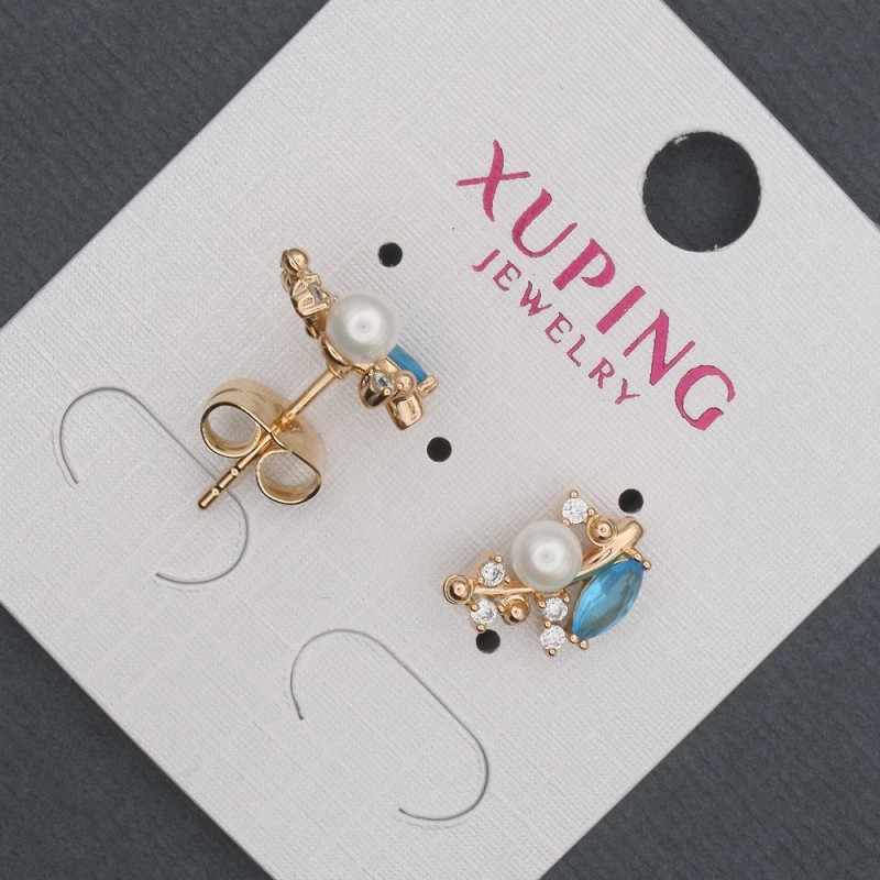 Xuping stud earrings with light blue crystals and Majorca pearl, 8x13mm diameter, 18K gold plating