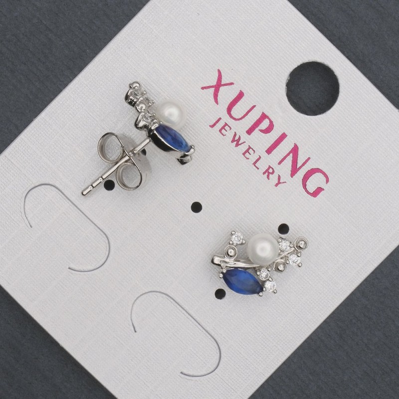 Xuping stud earrings with blue crystals and Majorca pearl, 8x13mm diameter, rhodium