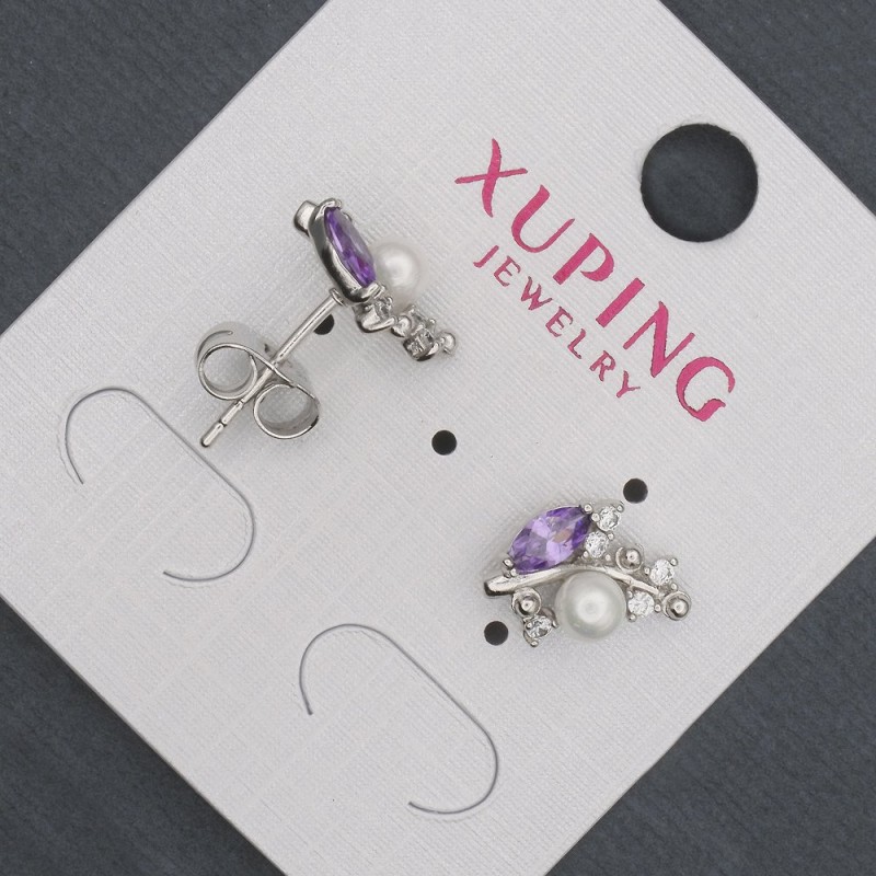 Xuping Stud Earrings with Lilac Crystals and Mallorca Pearl, Diameter 8x13mm, Rhodium Plated