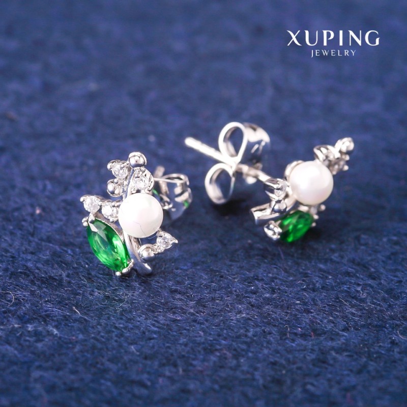 Xuping Stud Earrings with Green Crystals and Mallorca Pearl, Diameter 8x13mm, Rhodium Plated