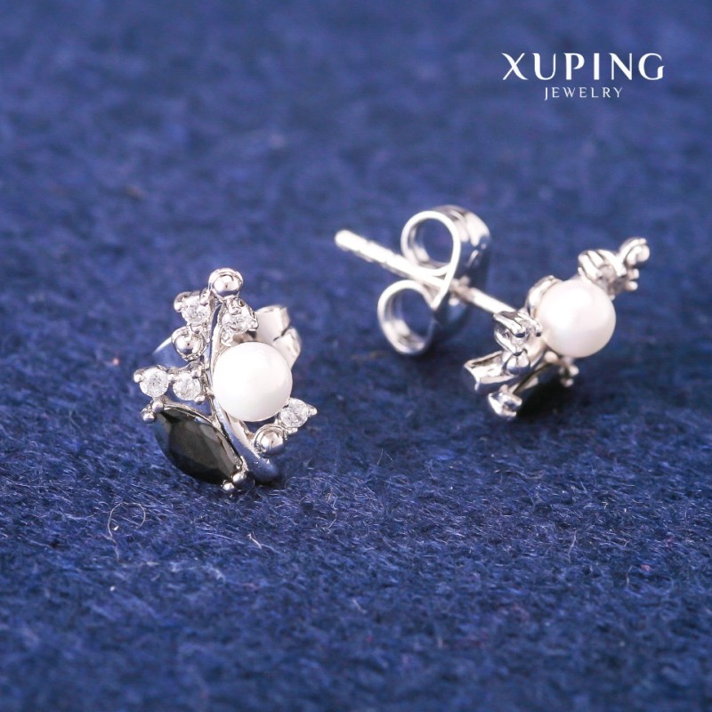 Xuping Stud Earrings with Black Crystals and Mallorca Pearl, Diameter 8x13mm, Rhodium Plated