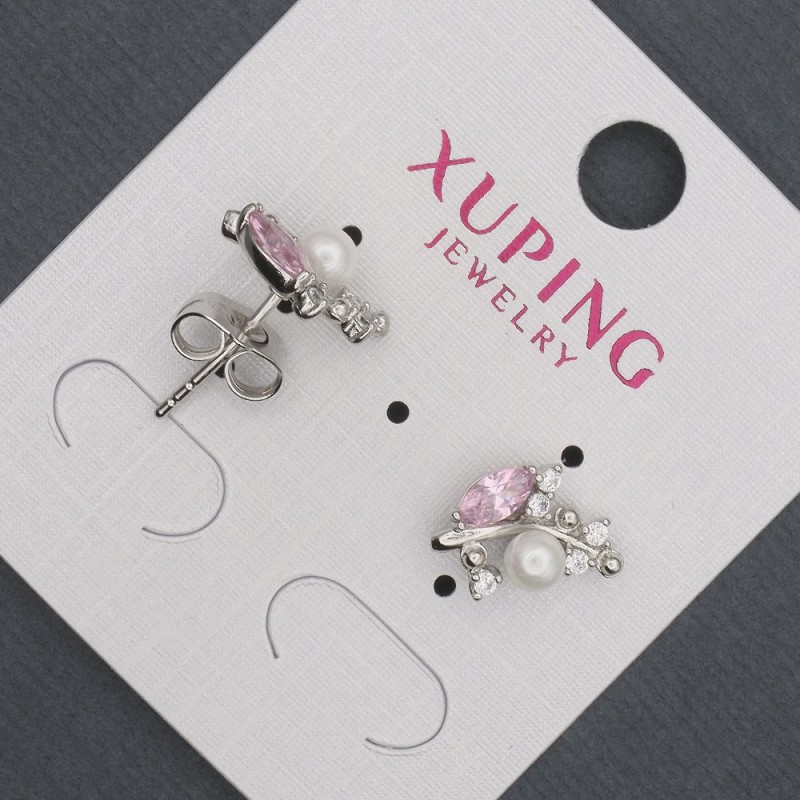 Xuping Stud Earrings with Pink Crystals and Mallorca Pearl, Diameter 8x13mm, Rhodium Plated