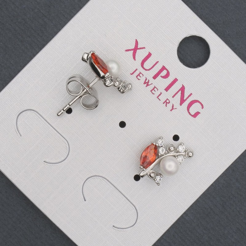 Xuping Stud Earrings with Red Crystals and Mallorca Pearl, Diameter 8x13mm, Rhodium Plated