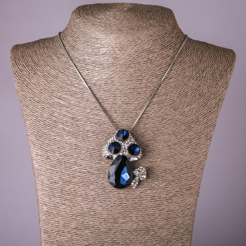 Chain Pendant Mushroom with Blue and White Crystals, diameter 39x50mm, length 75cm