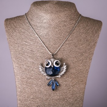 Chain Pendant Owl with Blue Crystal, diameter 53x63mm, length 75cm
