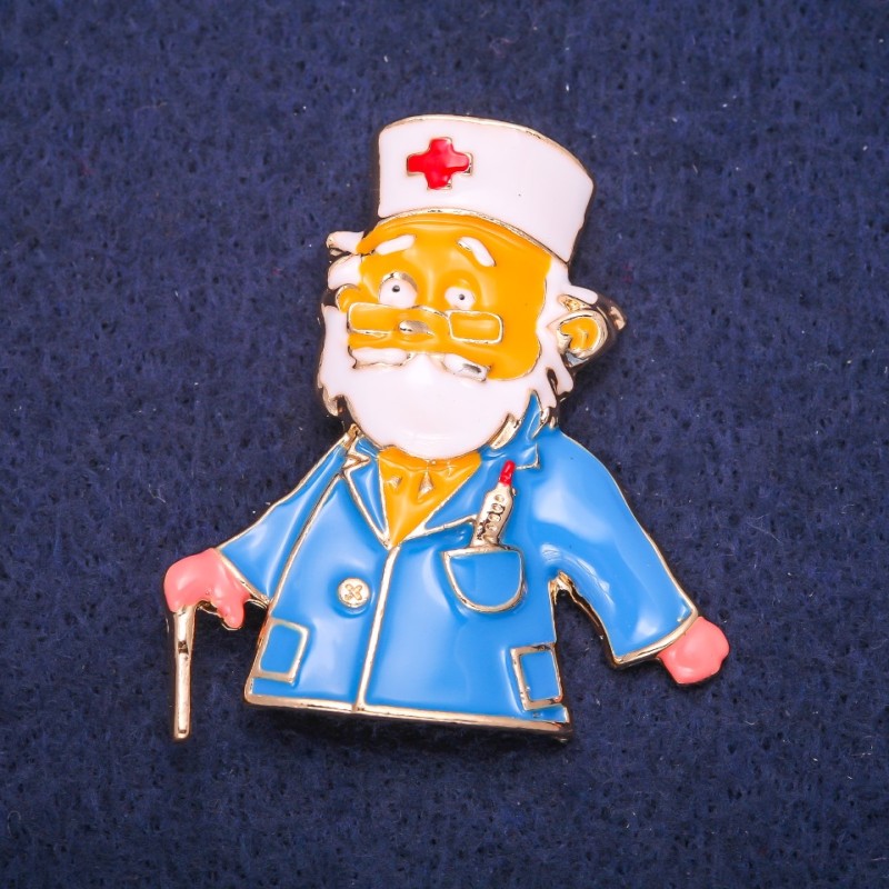 Doctor Brooch, White & Blue Enamel, Gold-Tone Metal 47x42mm