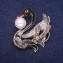 Black Swan Brooch with Enamel, Rhinestones and a Bead, Silver-Tone Metal 43x44mm