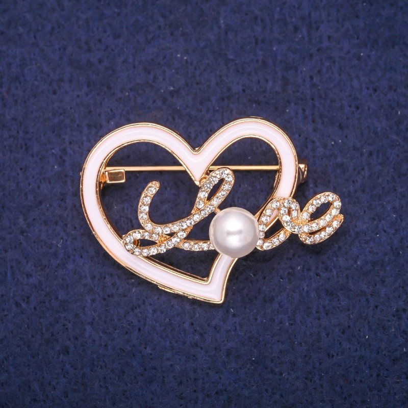 Sale! Heart Brooch with White Enamel, Rhinestones and a Bead, Gold-Tone Metal 30x41mm
