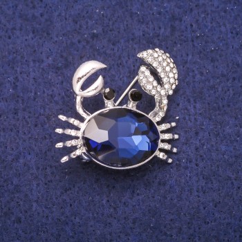Sale! Crab Brooch with Blue Crystal and White Rhinestones, Silver-Tone Metal 27x28mm