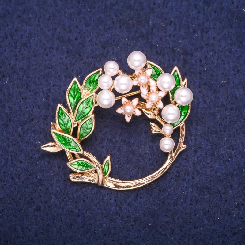 Sale! Wreath Brooch with Pearl Beads, White and Green Enamel, 41x35mm Gold-Tone Metal