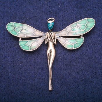 Fairy Brooch with Light Blue Crystal and Enamel, Gold-Tone Metal 50x60mm