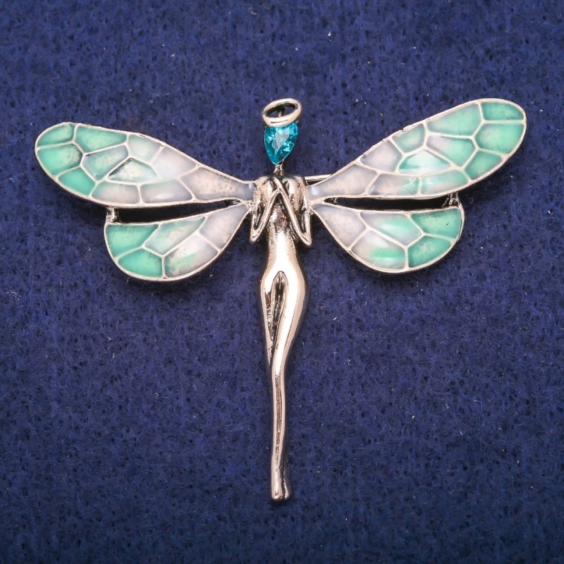 Fairy Brooch with Light Blue Crystal and Enamel, Gold-Tone Metal 50x60mm