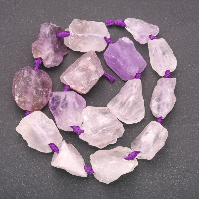 Unpolished Amethyst Beads on Thread, Nugget Shape, 20×26mm ±, 42cm length ±