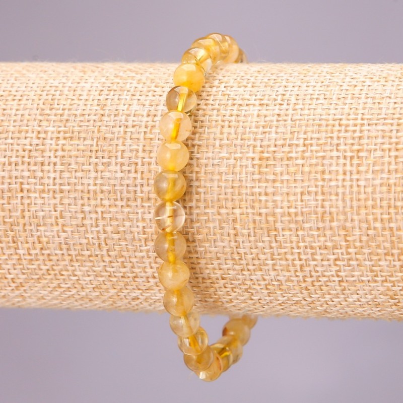 Natural Rutilated Quartz Stone Bracelet on Elastic, Smooth Round Beads, Diameter 6(+/-)mm, Length 18cm