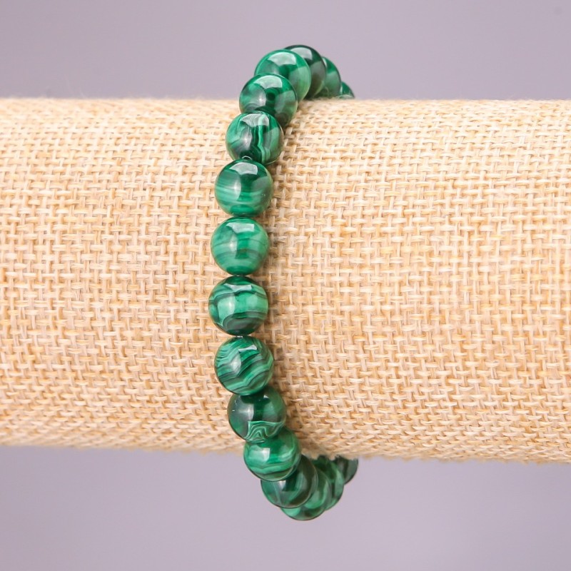 Malachite Natural Stone Bracelet on Elastic, Smooth Round Beads, Diameter 8(+-)mm, Length 18cm