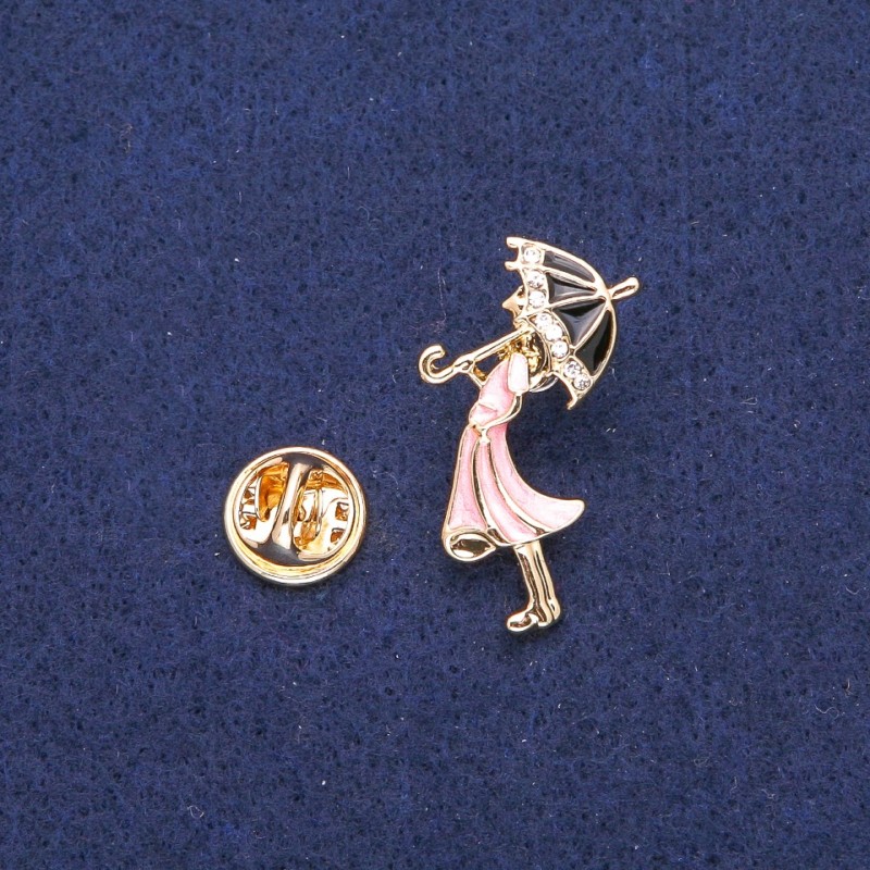 Brooch Lady with Umbrella white rhinestones, pink and black enamel, gold-tone metal 18x32mm